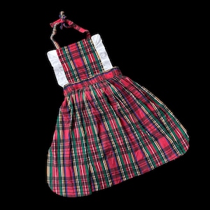 Vintage Full Apron Red Green Plaid 1980s Made In USA Christmas Tie Back Neck
