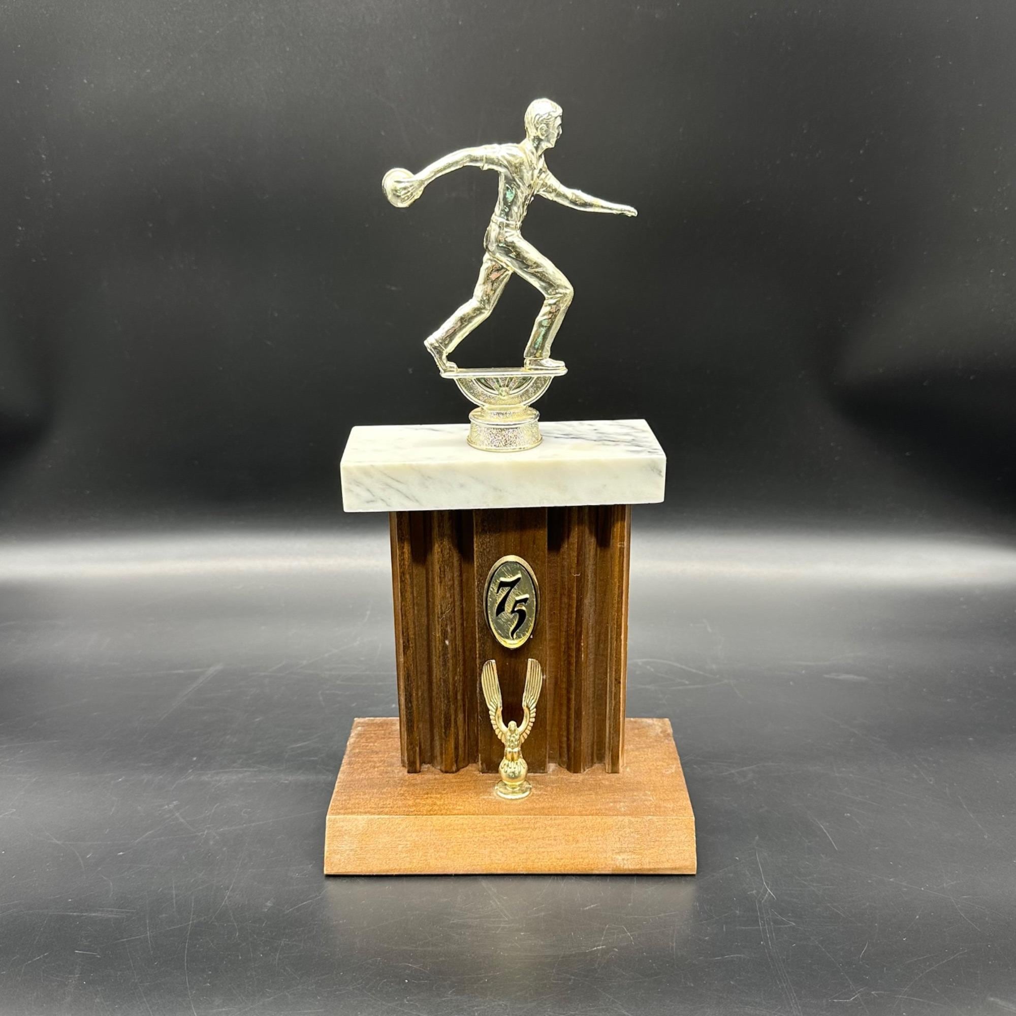 Vintage 1975 Mens Bowling Trophy Marble Wood Base Retro Award 