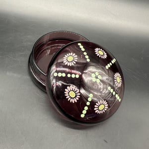 Vintage Purple Amethyst Glass Vanity Jar Powder Box Pink Daisy Flower Handmade