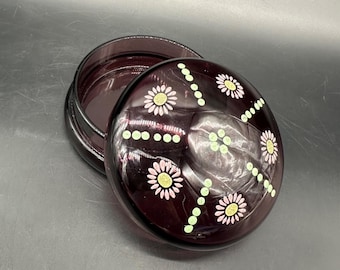 Vintage Purple Amethyst Glass Vanity Jar Powder Box Pink Daisy Flower Handmade