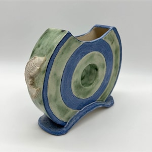 Vintage Pottery Donut Vase Fish Troy Schmidt 1976 Green Blue Nautical Decor