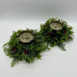 Vintage Candle Holders Christmas Holly Berry Rings Pillar Kmart Kitsch Plastic Metal Set of 2