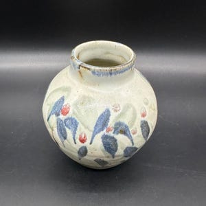 Handmade Studio Art Pottery Bud Vase Floral Berries Blue Res Gray Stoneware