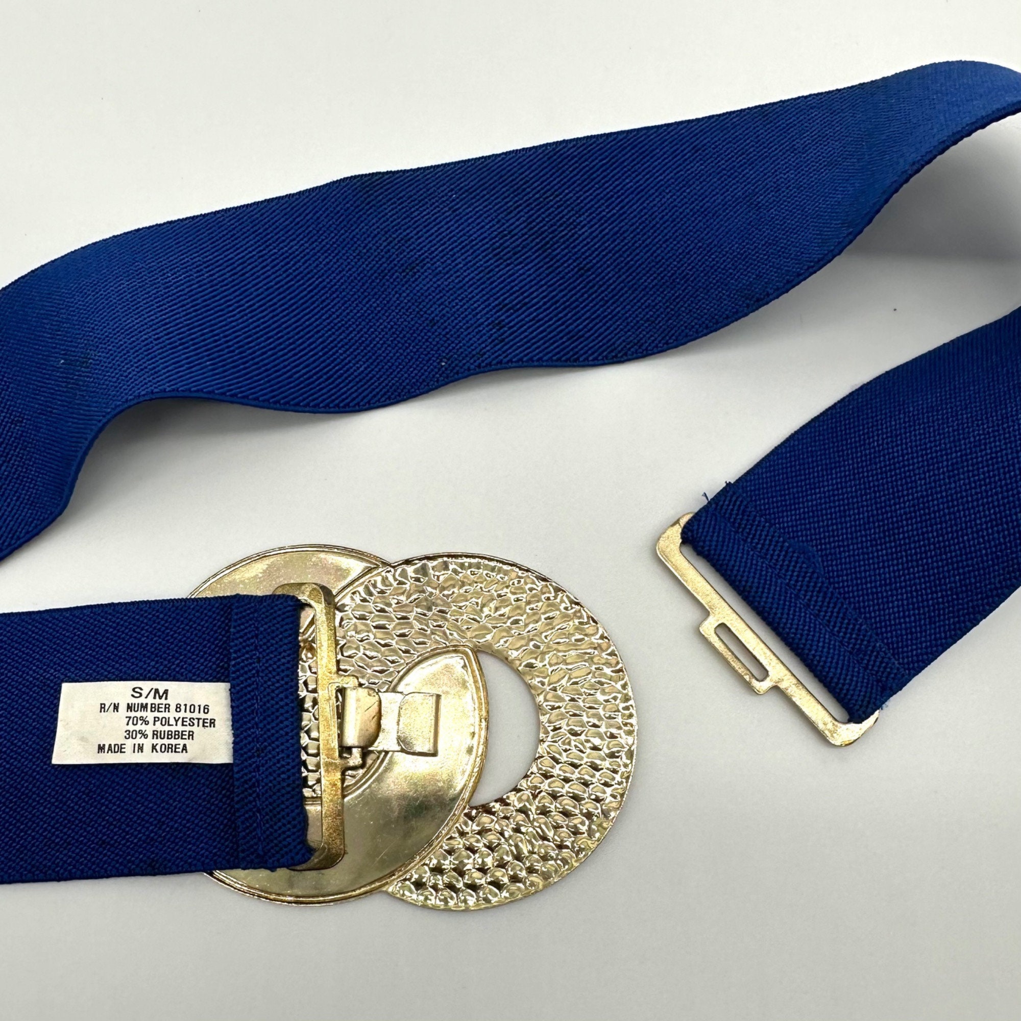 Vintage Ladies Belt Stretch Elastic Blue 1980s Gold Toned  display picture 1