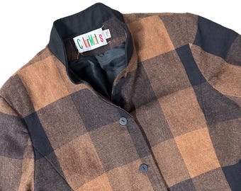 Vintage Plaid Jacket 1980s Black Brown Womens Blazer Business ColorMates USA 7/8