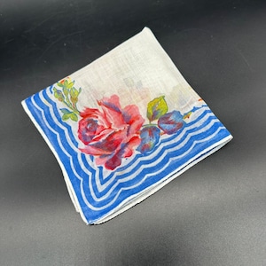 Vintage Floral Handkerchief Cotton Hankie Rose Flowers 1950s Cottagecore Blue
