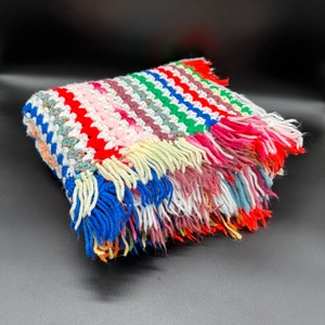 Vintage Afghan Throw Blanket Crocheted Handmade Fringe Rainbow Stripes I Adams
