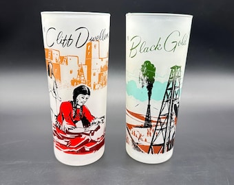 Vintage Federal Glass Frontier Oil and Gas Tumblers 1950s USA Cliff Dwellers Black Gold Frosted Glass