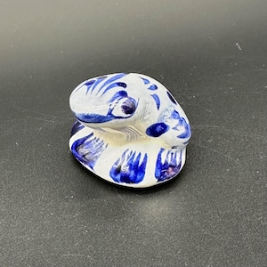 Miniature Frog Figurine Hand Painted Blue White Ceramic Kitschy Retro Mini