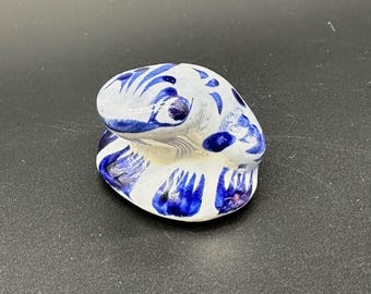 Miniature Frog Figurine Hand Painted Blue White Ceramic Kitschy Retro Mini