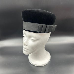 Vintage Pillbox Hat 1960s Mr John Black Velvet Jackie Kennedy Style Bow Accent