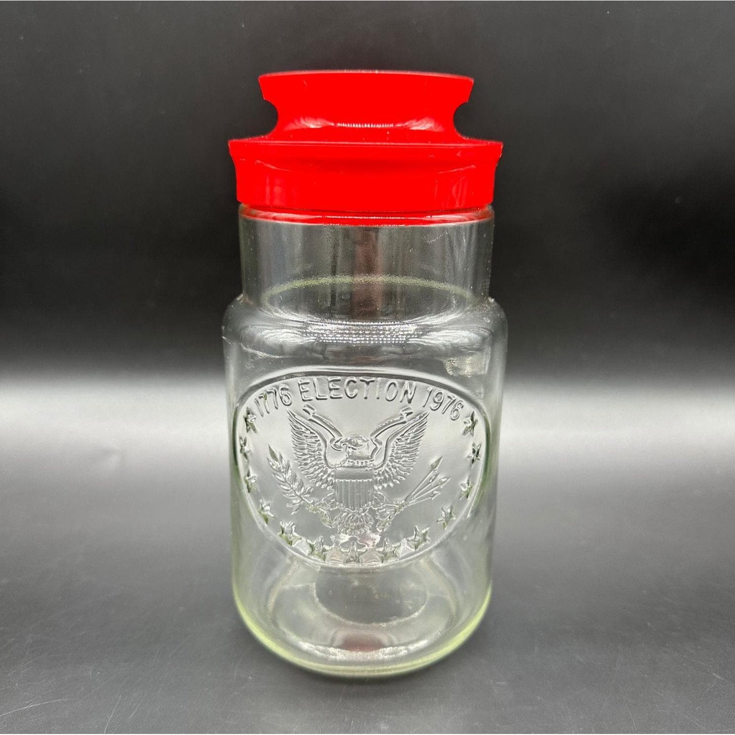 Vintage Jar Glass Canister Red Lid Bicentennial Storage Container 70s Patriotic
