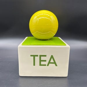 Vintage Tea Canister Holiday Designs Bubbletop Mid Century Modern Green Yellow White Ceramic