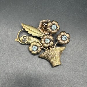 Vintage Floral Brooch Pin Basket Of Flowers Blue Rhinestones 3D Metal Jewelry