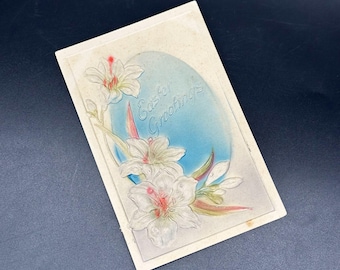 Carte postale ancienne Voeux Pâques Lys gaufrée Allemagne 1908 Rose Bleu Blanc