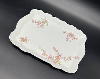 Vintage Vanity Tray Bavarian China Germany Scalloped Edge Pink Floral Porcelain