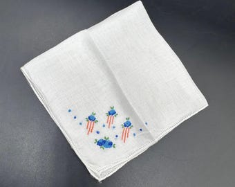 Vintage näsduk vit blå näsduk blåbär broderi bomull retro