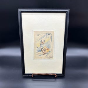 Antique Ink Colored Pencil Drawing Fox Wooden Frame Signed Original Artwork 1906 Vintage