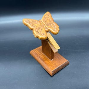 Vintage Wood Butterfly Clothespin Stand Mail Clip Recipe Holder 1970s Cottagecore