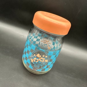 Vintage Jar Canister Storage Container 1980s Checkered Floral Blue Peach Flowers