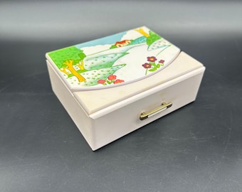 Vintage Jewelry Box Mirror Purple Lined Drawer Retro Storage 1980s Cottage