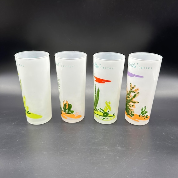 Vintage Blakely Oil Gas Arizona Cactus Frosted Highball Glasses