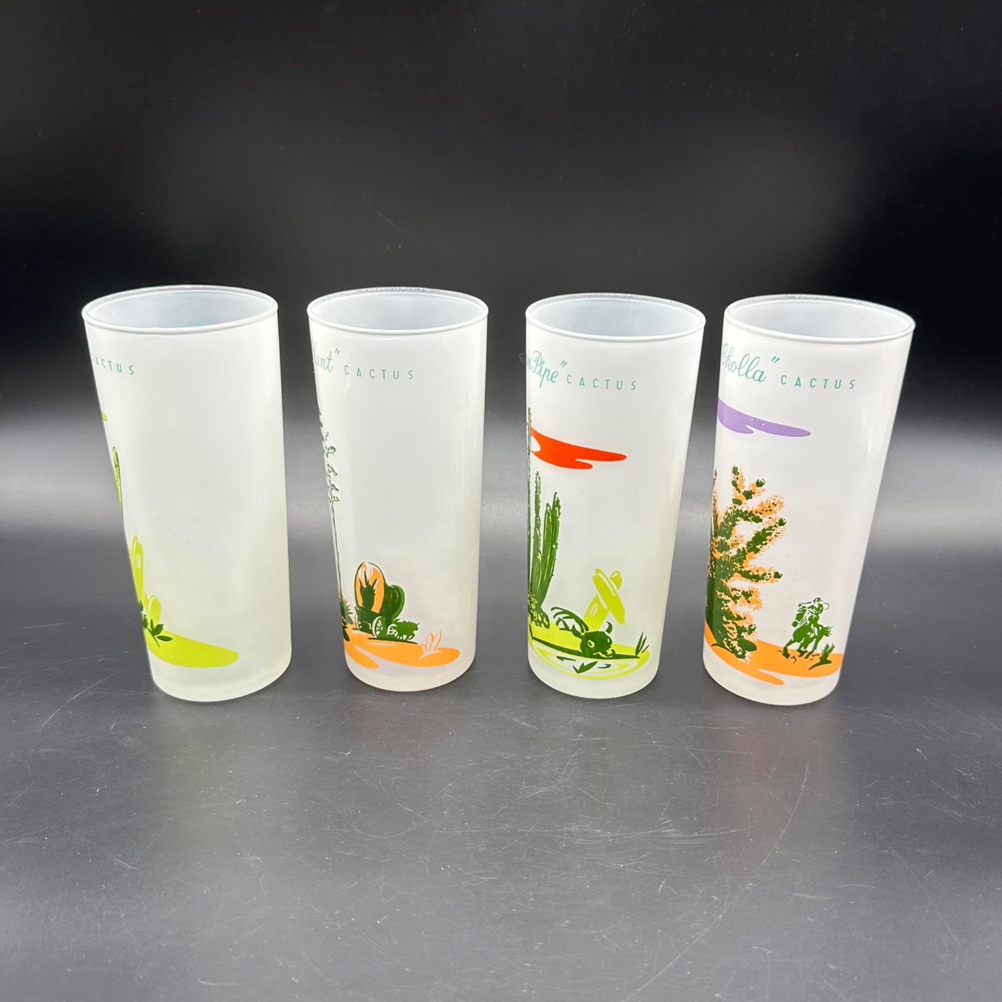 Vintage Blakely Oil Gas Arizona Cactus Frosted Highball Glasses