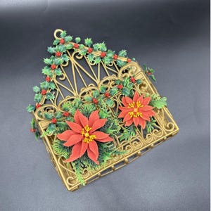 Portatarjetas de pared vintage de Navidad con flores de Pascua, con purpurina dorada y flocada, estilo kitsch de los años 60, decoración de acebo de plástico.