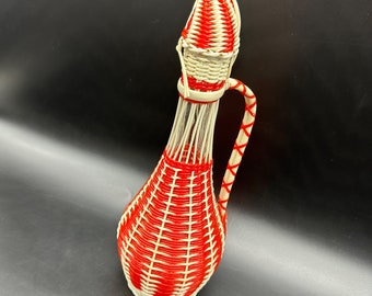 Vintage Wine Bottle Spain Scoubidou Woven Plastic Red White Mid Century Modern