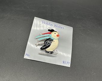 Vintage Brooch Pin Enamel Kmart Holiday Wishes Penguin Skating Christmas Retro