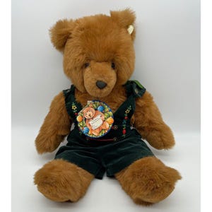 Vintage Teddy Bear Gund Bear With No Name JC Penney Stuffed Animal Plush 1987 Tags Overalls Green Velvet