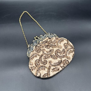 Beaded Clutch Purse Embroidered Chain Strap Ornate Metal Frame Retro Tan Brown