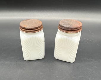 Vintage Art Deco Milk Glass Shakers Metal Lids White Fan Stove Top Set Rustic