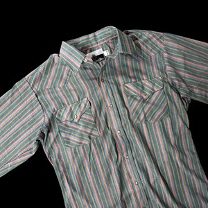 May include: A long-sleeved button-down shirt with vertical stripes in shades of green, pink, and blue. The shirt has two chest pockets with decorative stitching and silver-tone buttons. The collar is pointed, and the shirt appears to be made of a lightweight fabric.