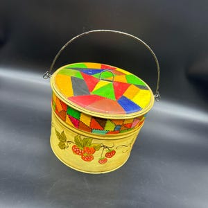 Vintage 1970s Hand Painted Metal Lunch Pail Rainbow Patchwork Strawberries
