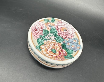 Vintage Soap Dish Floral Round Ceramic 1990s Flowers Bathroom Kitchen Decor