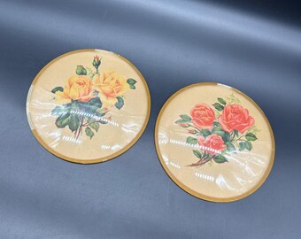 Vintage 1940s Floral Convex Bubble Glass Wall Hanging Art Rose Flowers Pink Yellow