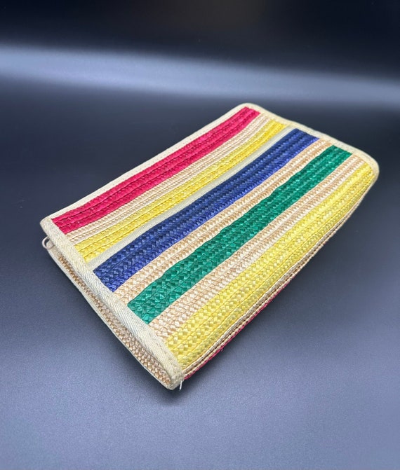 Vintage Clutch Purse Rainbow Stripe Straw Woven