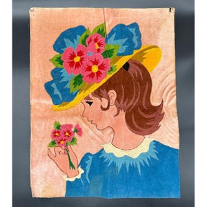 Vintage Velvet Painting Pink Victorian Lady Flowers Hat Kitschy Wall Art Blue