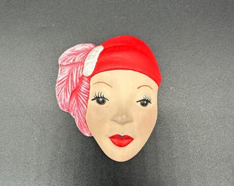 Broche Vintage En Céramique Verte Et Rouge - Années 70, Bijou D'occasion
