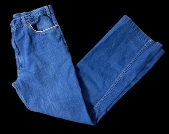 Jeansy vintage z lat 70., rozmiar 36, rozszerzane nogawki, rozmiar 65, East Hong Kong, naprawy retro