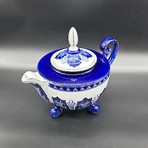 Théière en céramique à pieds floraux bleu blanc vintage, couvercle Bombay Co, argent rétro