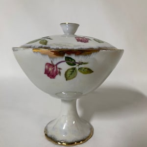 Vintage Compote Candy Dish Lusterware Pink Roses Iridescent