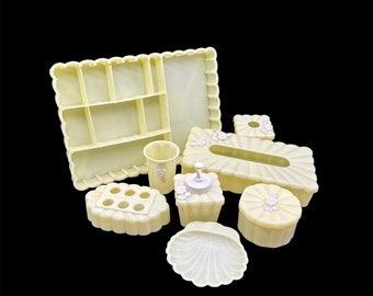 Vintage Vanity Set Yellow White Roses Menda USA 8 Pieces Dresser Cottagecore