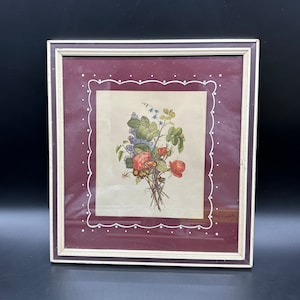 Vintage Art Print Floral Wood Framed Flowers Maroon Cream Pink Roses Romantic