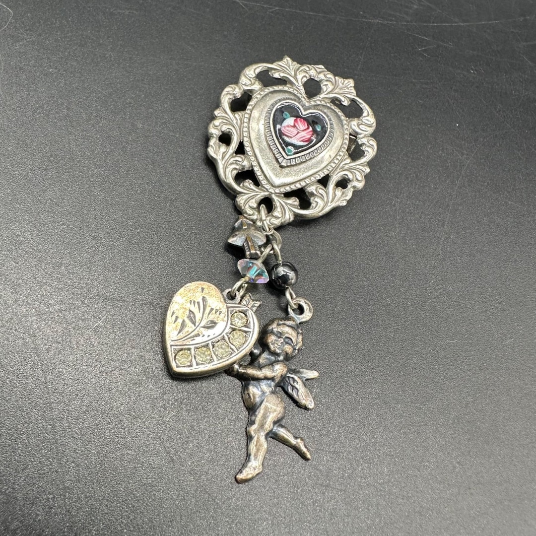 ヴィンテージ ハート ブローチ キューピッド ハート チャーム 矢