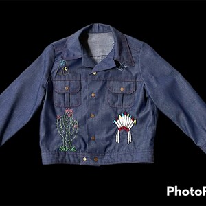 Vintage Handmade Child’s Embroidered Crewel Western Denim Jacket Movie Prop