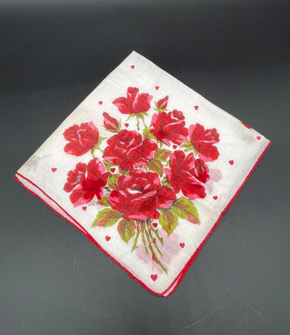 Vintage Handkerchief Hankie Red Roses Hearts Squar