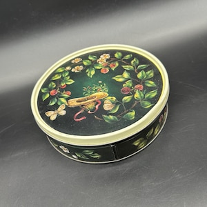 Vintage Round Metal Tin Box Lid Woodland Butterflies Berries Cottagecore Fantasy Storage Decor Moth Floral