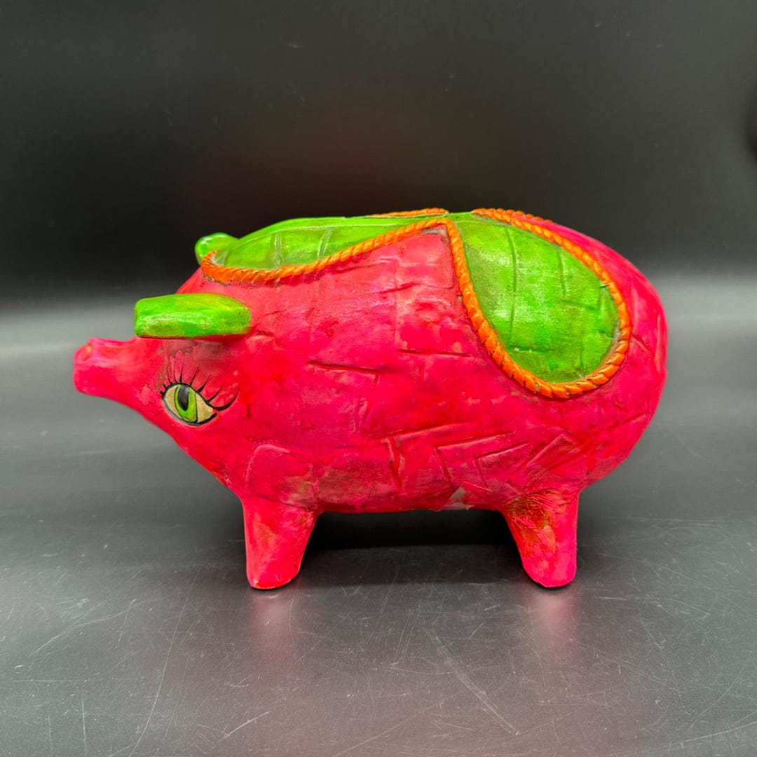Vintage Piggy Bank 1960s Dayglo Paper Mache Neon Pink Pig Kitschy